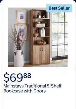 Walmart Mainstays Traditional 5 Shelf Bookcase with Doors, Weathered Oak Finish offer
