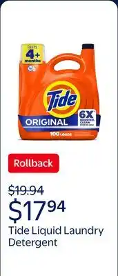 Walmart Tide Laundry Detergent Liquid with 6X Boosted Cleaning Power, Original Scent offer