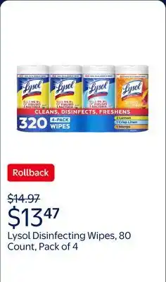 Walmart Lysol Disinfecting Wipes Multi Surface Cleaner, 80 Count Each, Pack of 4, Lemon & Mango Scent offer