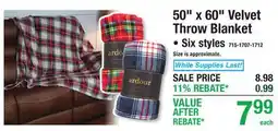Menards 50 x 60 Velvet Throw Blanket offer