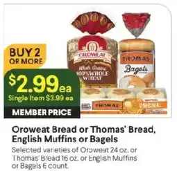 Raley's Oroweat Bread or Thomas' Bread, English Muffins or Bagels offer