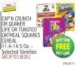 Ingles Markets Cap'n Crunch or Quaker Life or Toasted Oatmeal Squares Cereal offer