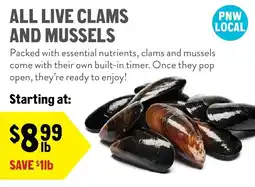 New Seasons Market Pnw local all live clams and mussels offer