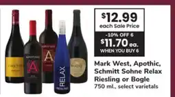ACME Mark West, Apothic Schmitt Sohne Relax Riesling or Bogle offer