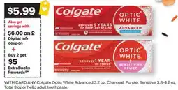 CVS ANY Colgate Optic White Advanced 3.2 oz., Charcoal, Purple, Sensitive 3.8-4.2 oz. 3 oz offer