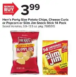 GIANT Herr's Party Size Potato Chips, Cheese Curls or Popcorn or Slim Jim Snack Stick offer