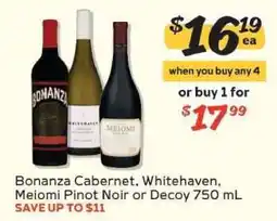 Winn Dixie Bonanza Cabernet, Whitehaven, Meiomi Pinot Noir or Decoy 750 mL offer