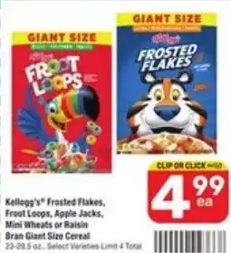 Randalls Kellogg's Frosted Flakes, Fruit Loops, Apple Jacks, Mini Wheats or Raisin Bran Giant Size Cereal offer