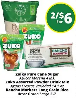 Rancho Markets Zulka Pure Cane Sugar, Zuko Assorted Powder Drink Mix, Rancho Markets Long Grain Rice offer