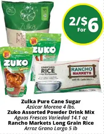 Zulka Pure Cane Sugar, Zuko Assorted Powder Drink Mix, Rancho Markets Long Grain Rice
