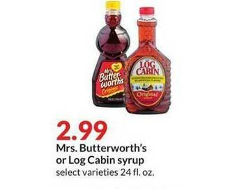 Hy-Vee Mrs. Butterworth's Or Log Cabin Syrup offer