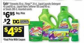 Dollar General Gain Fireworks Flings! Liquid Laundry Detergent, Liquid Fabric Softener Or Sheets offer