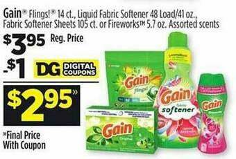 Dollar General Gain Flings Liquid Fabric Softener Fabric Softener Sheets Or Fireworks offer