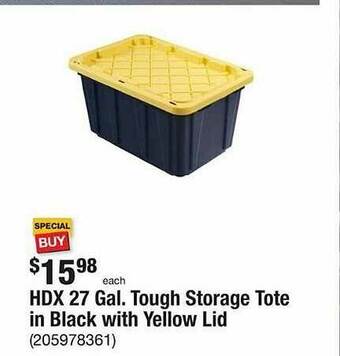The Home Depot Hdx 27 Gal Tough Storage Tote In Black With Yellow Lid offer