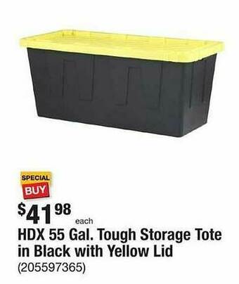 The Home Depot Hdx 55 Gal Tough Storage Tote In Black With Yellow Lid offer
