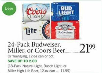 Publix 24-Pack Budweiser, Miller Or Coors Beer Or Yuengling offer