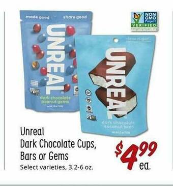 Sprouts Farmers Market Unreal Dark Chocolate Cups, Bars Or Gems offer