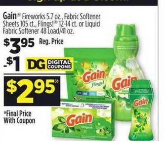 Dollar General Gain Fireworks Fabric Softener Sheets Flings Or Liquid Fabric Softener offer