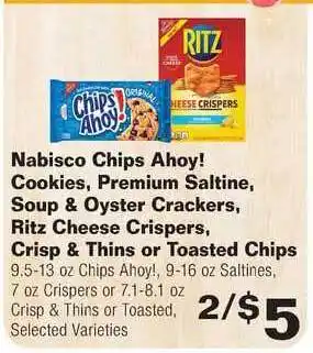 County Market Nabisco Chips Ahoy! Cookies, Premium Saltime, Soup & Oyster Crackers, Ritz Cheese Crispers, Crisp& Thins Or Toasted Chips offer