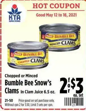 KTA Super Stores Chopped Or Minced Bumble Bee Snow's Clams offer