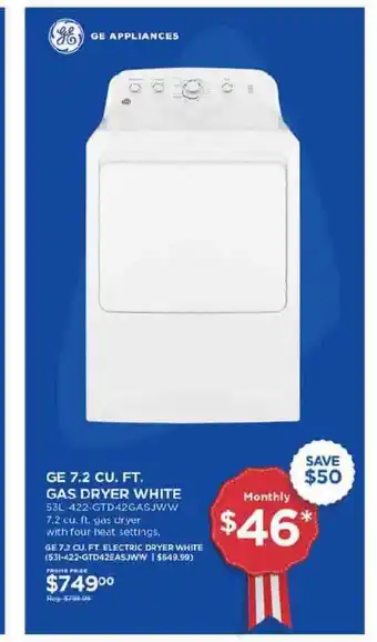Curacao GE 7.2 Cu. Ft. Gas Dryer White offer