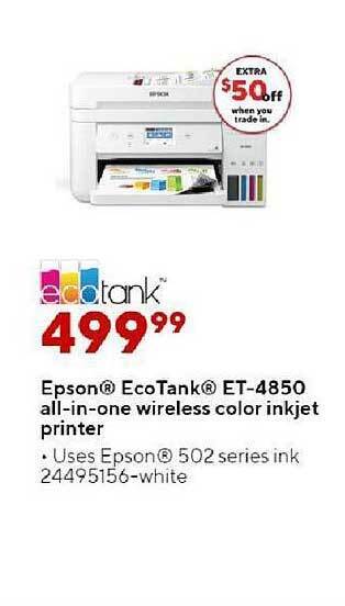 Staples Epson Ecotank Et-4850 All-in-one Wireless Color Inkjet Printer offer