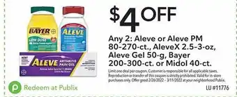 Publix Any 2: Aleve Or Aleve Pm, AleveX, Aleve Gel, Bayer Or Midol offer