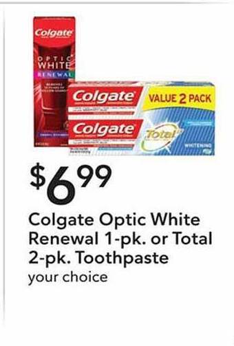 Publix Colgate Optic White Renewal 1-pk Or Total 2-pk Toothpaste offer