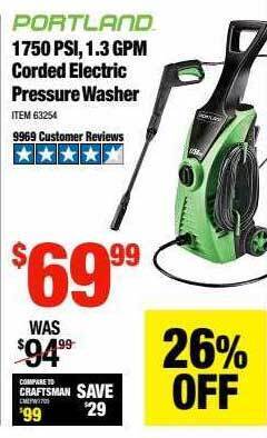 Harbor Freight Tools Portland 1750 Psi 1.3 Gpm Corded Electric Pressure Washer offer
