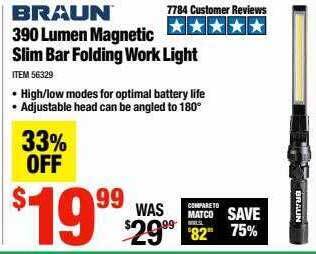 Harbor Freight Tools Braun 390 Lumen Magnetic Slim Bar Folding Work Light offer