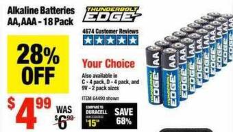 Harbor Freight Tools Thunderbolt Edge Alkaline Batteries Aa, Aaa 18 Pack offer