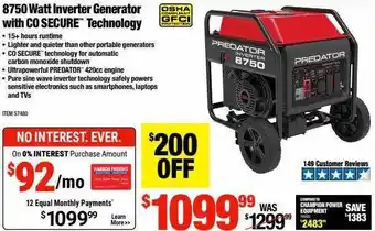 Harbor Freight Tools 8750 Watt Inverter Generator With Co Secure Technology Predator offer