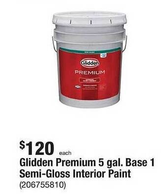 The Home Depot Glidden Premium 5 Gal. Base 1 Semi-gloss Interior Paint offer