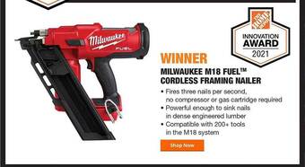The Home Depot Winner Milwaukee M18 Fuel Cordless Framing Nailer offer