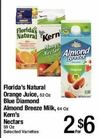 Jons International Florida's Natural Orange Juice Blue Diamond Almond Breeze Milk Kern's Nectars offer