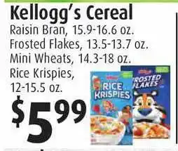 Gristedes Kellogg's Cereal Raisin Bran, Frosted Flakes, Mini Wheats, Rice Krispies offer