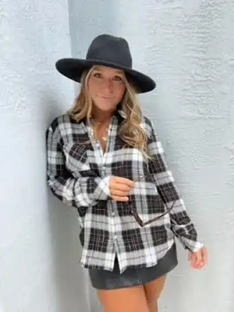 Stein Mart Shimmering plaid woven button down top- plus offer