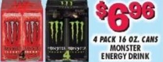 4 Pack 16 oz. Cans Monster Energy Drink