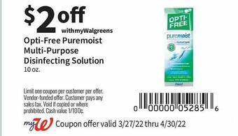 Walgreens Opti-free Puremoist Multi-purpose Disinfecting Solution offer