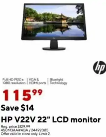 Staples HP V22V 22" LCD Monitor 24492085 offer