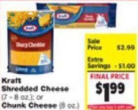 Family Fare Kraft Shredded Cheese 7-8 oz or Chunk Cheese 8 oz offer