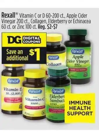 Dollar General Rexall Vitamin C Or D 60-200 Ct,. Apple Cider Vinegar 200 Ct,. Collagen , Elderberry Or Echinacea 60 Ct. Or Zinc 100 Ct. offer