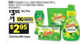 Dollar General Gain Firework Fabric Softener Sheets , Flings! Or Liquid Fabric Softener offer