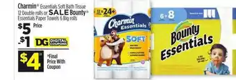 Dollar General Charmin Essentials Soft Bath Tissue 12 Double Rolls Or Bounty Essentials Paper Towels offer