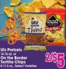 Jewel-Osco Utz Pretzels 14-16 oz. or On the Border Tortilla Chips 8-11.5 oz. offer