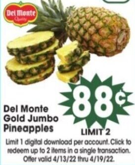 Jewel-Osco Del Monte Gold Jumbo Pineapples offer
