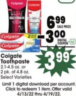 Jewel-Osco Colgate Toothpaste 2.1-4.5 oz. offer