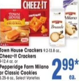 Jewel-Osco Town House Crackers 9.2-13.8 oz. Cheese-It Crackers 9-12.4 oz. or Pepperidge Farm Milano or Classic Cookies 5.25-6 oz. offer
