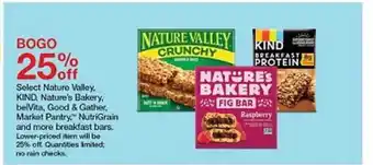 Target Nature Valley , Kind , Nature's Bakery , Belvita , Good & Gather , Market Pantry , Nutrigain And More Breakfast Bars offer