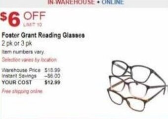 Costco Foster Grant Reading Glasses offer